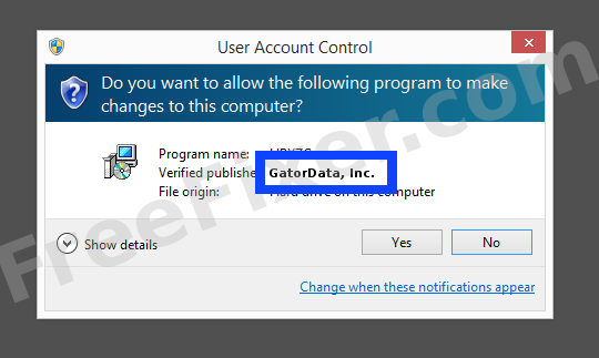 Screenshot where GatorData, Inc. appears as the verified publisher in the UAC dialog